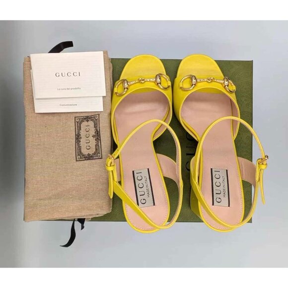 Gucci Horse-bit Block Heel Leather Sandals Acid Lime EU37 771603 - Picture 13 of 14